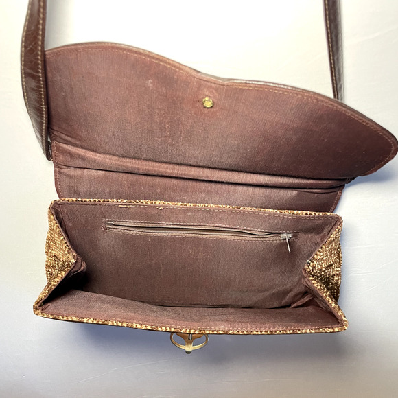 Vintage Chenille Corduroy Crossbody Purse Lock Buckle Leather Mod Retro Mob Wife - Picture 5 of 16